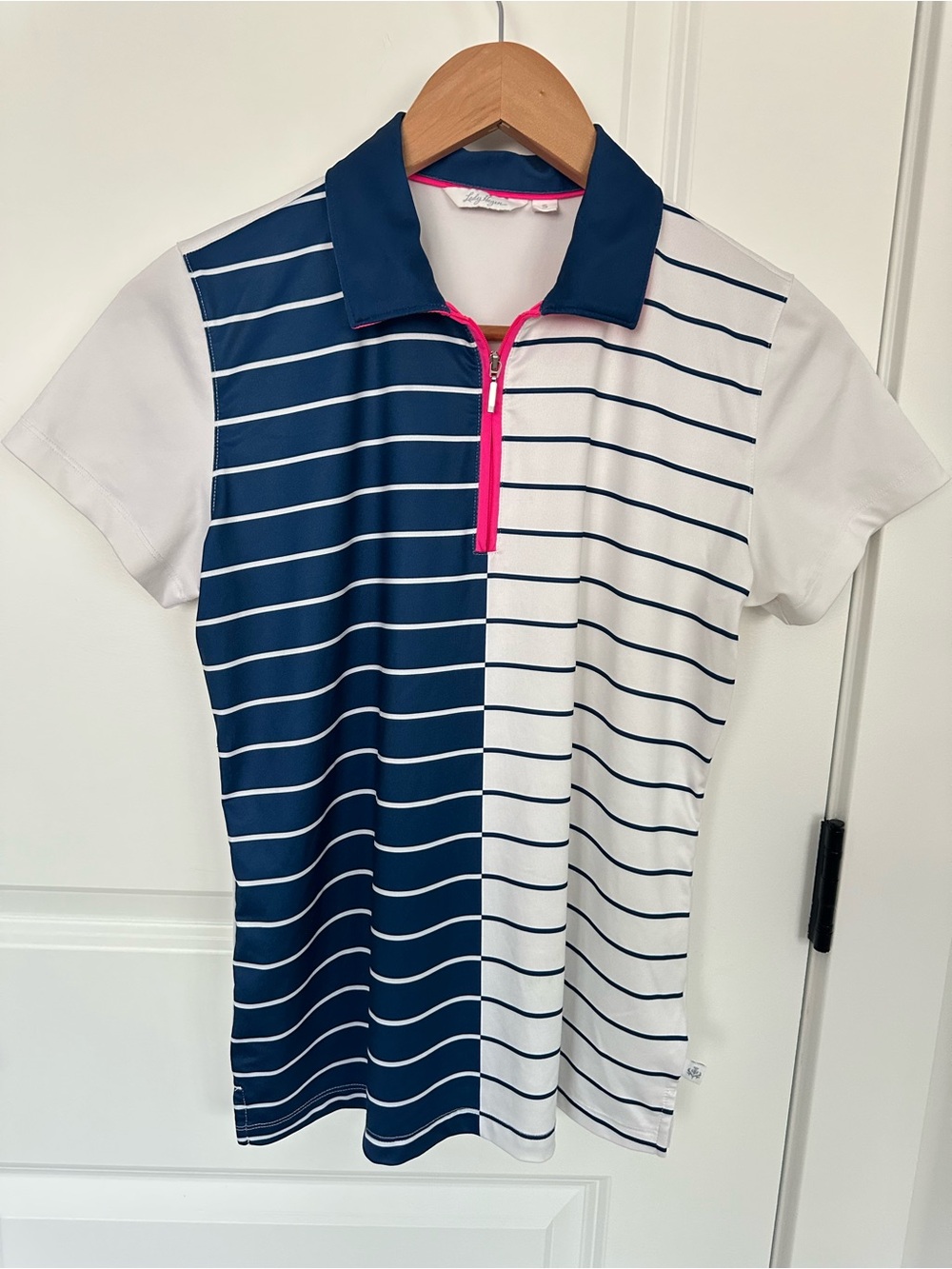 Lady Hagen Navy & White Striped Girls' Polo with Pink Zip